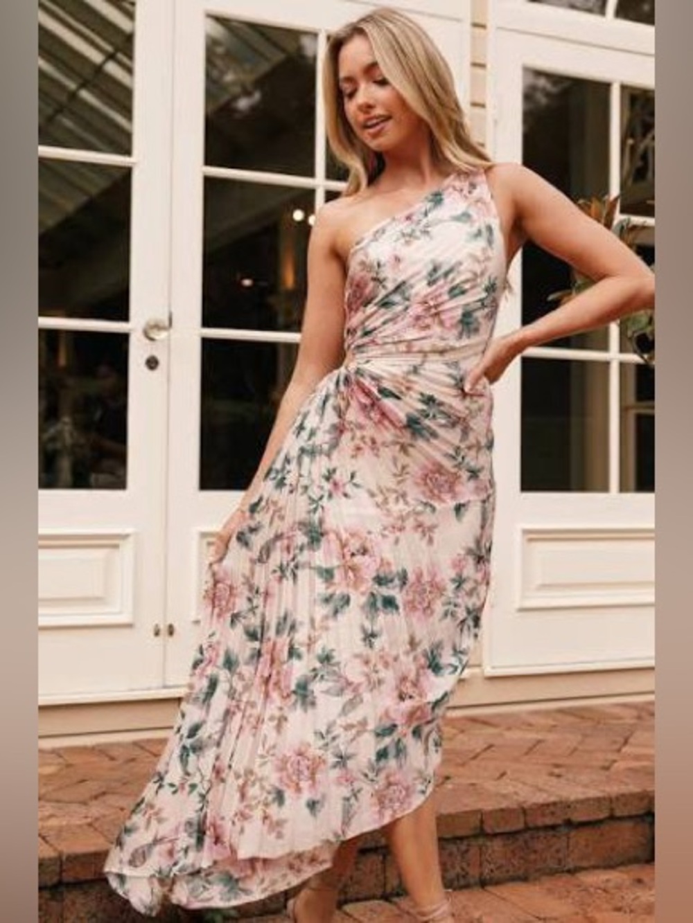Petal & Pup One-Shoulder Pleated Floral Maxi Dress in Cream and Pink